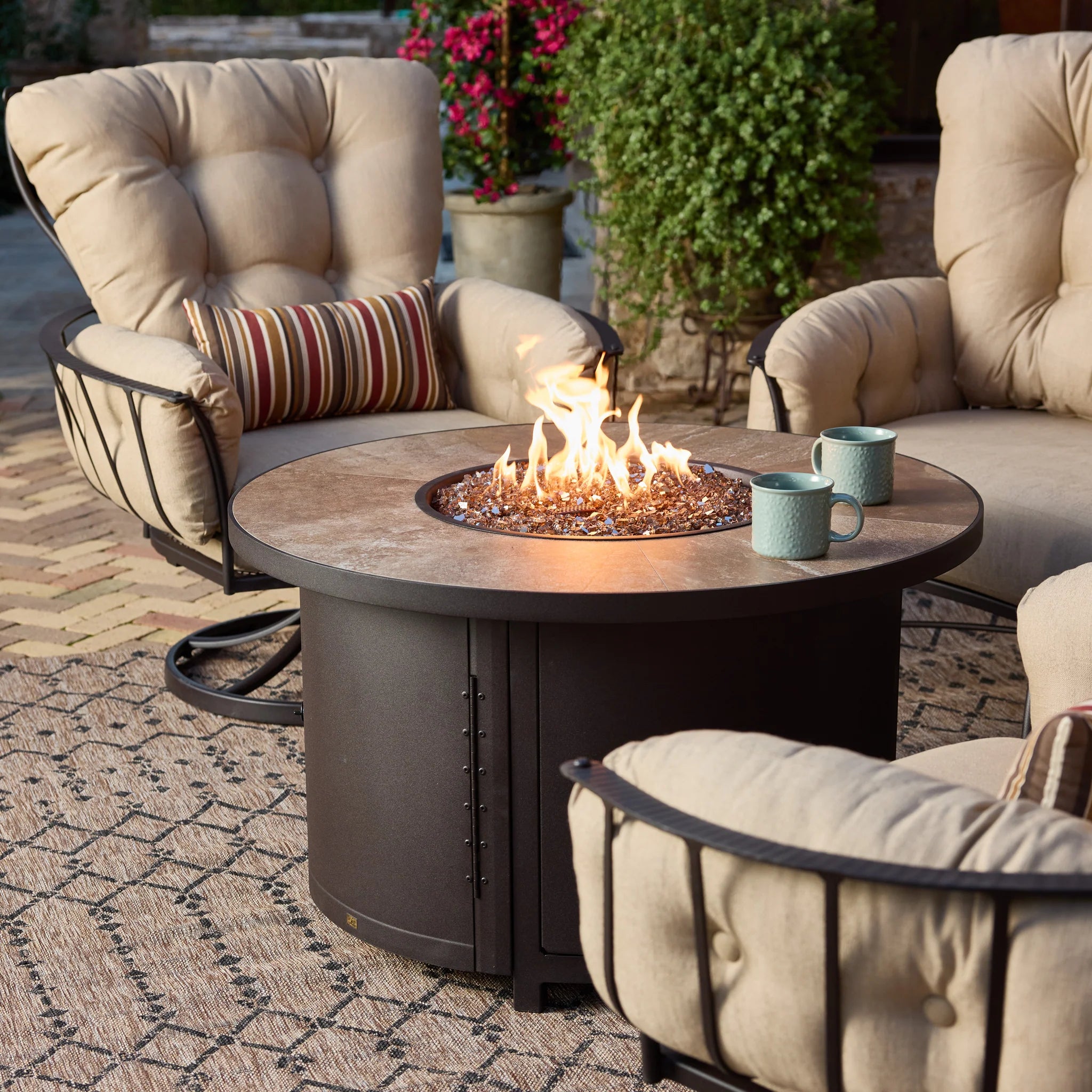 Round Porcelain Top, Outdoor Fire Pit Table with Iron Frame, 42-Inch Patio Fire Pit