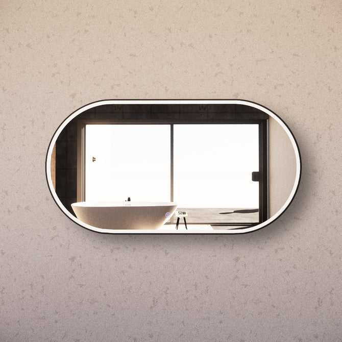 Oval LED Wall Mirror, Matte Black Frame with Dimmable Backlit Lighting