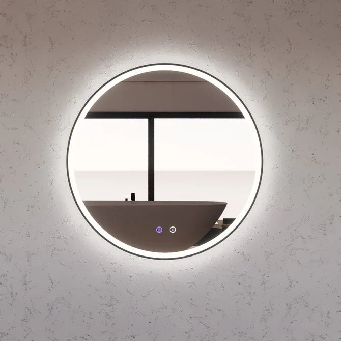 Round LED Wall Mirror, Matte Black Frame with Dimmable Backlit Lighting