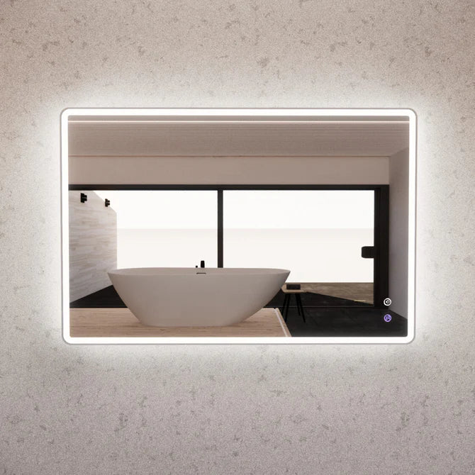 LED Wall Mirror, Gold Trim Rectangular Bathroom Mirror with Dimmable Lighting