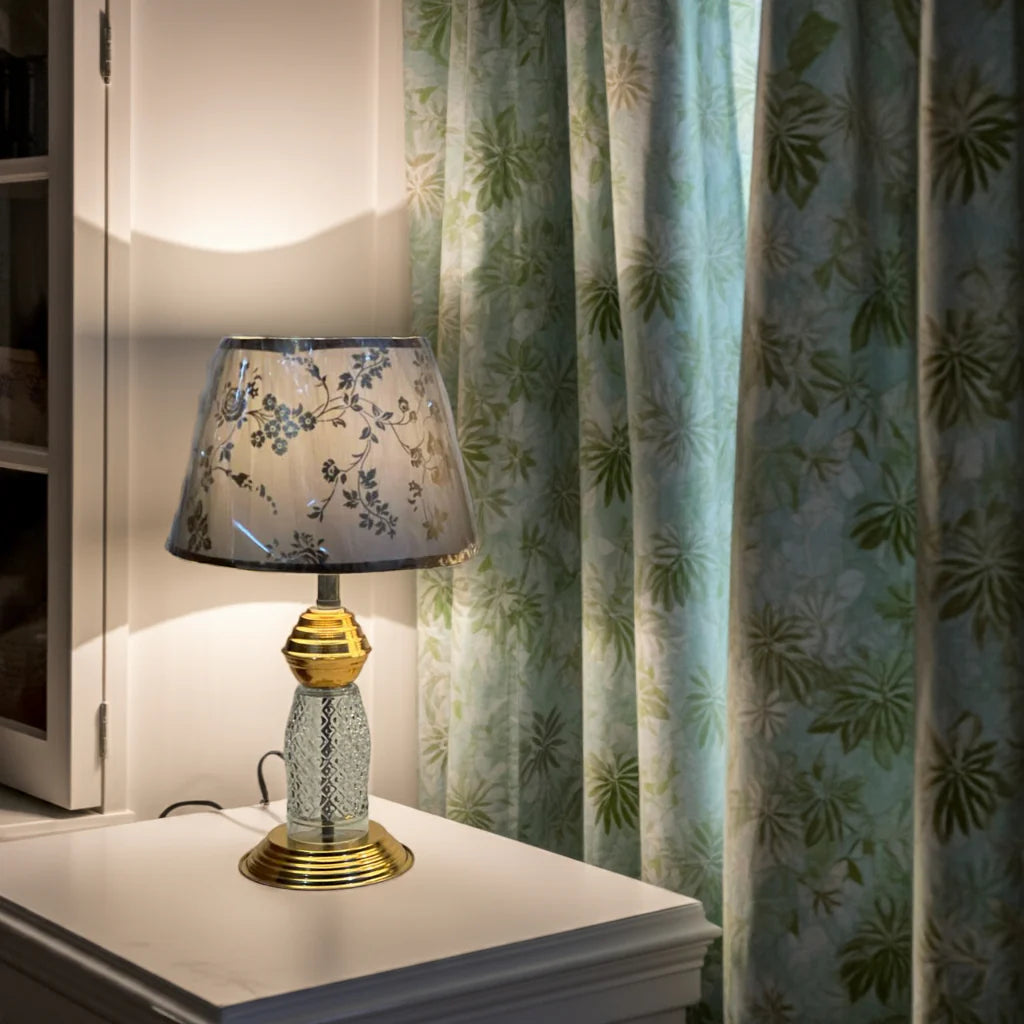 Glass & Gold Bedside Lamp Set, Floral Shade, 2 Piece Elegant Table Lamps