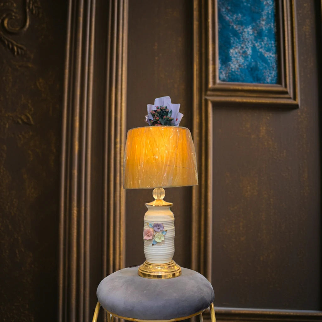 Floral Ceramic Bedside Lamp, Ivory & Pastel Design, Warm Ambient Light, 26 Inch Table Lamp
