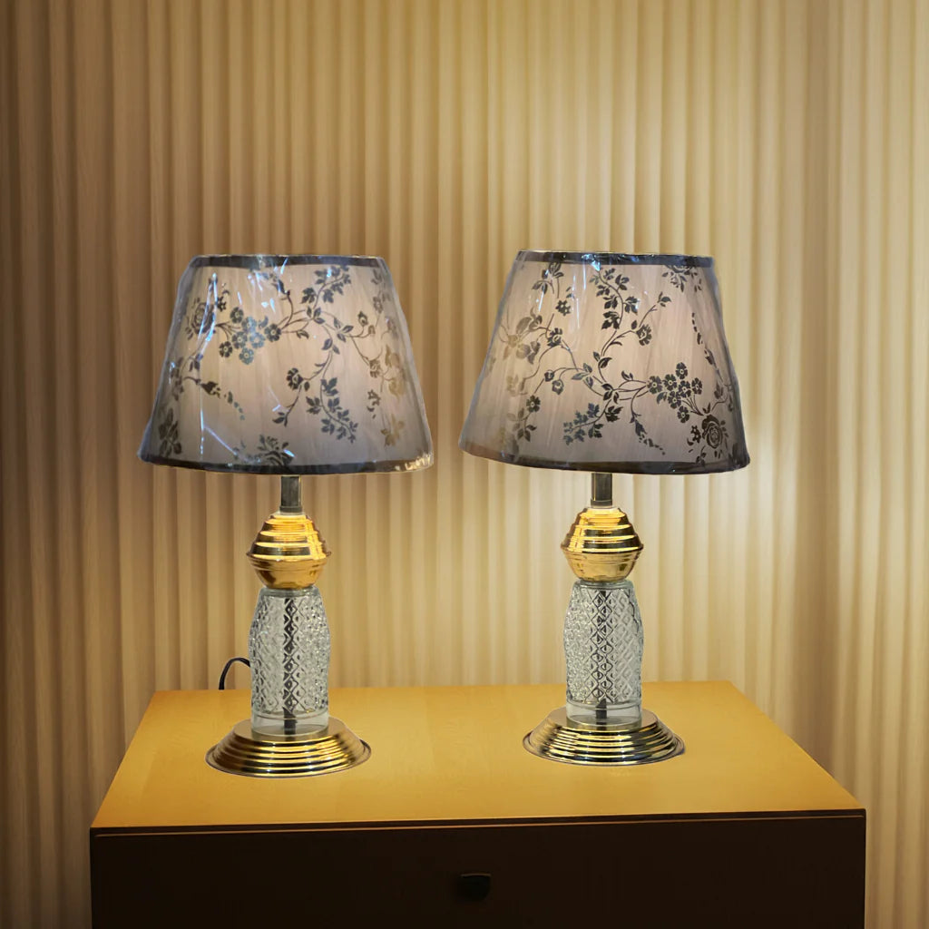 Glass & Gold Bedside Lamp Set, Floral Shade, 2 Piece Elegant Table Lamps