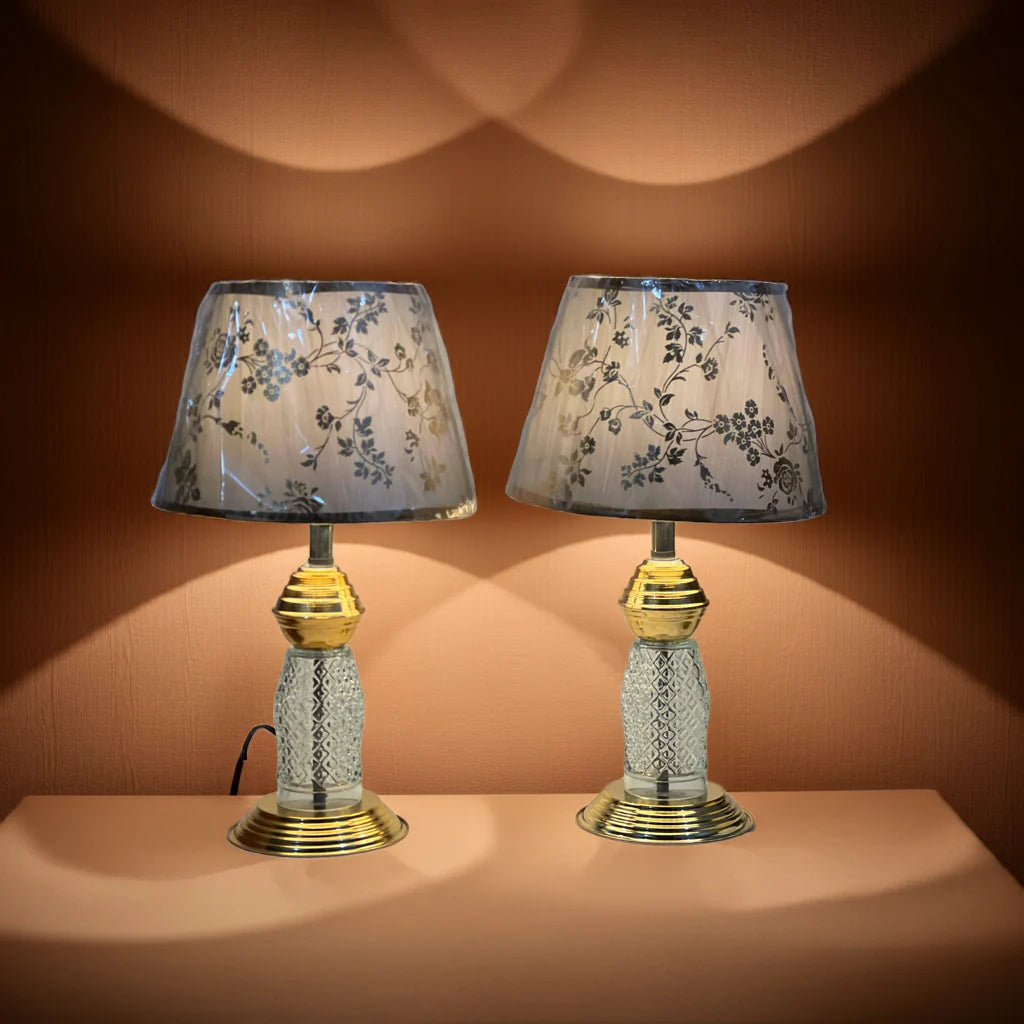 Glass & Gold Bedside Lamp Set, Floral Shade, 2 Piece Elegant Table Lamps