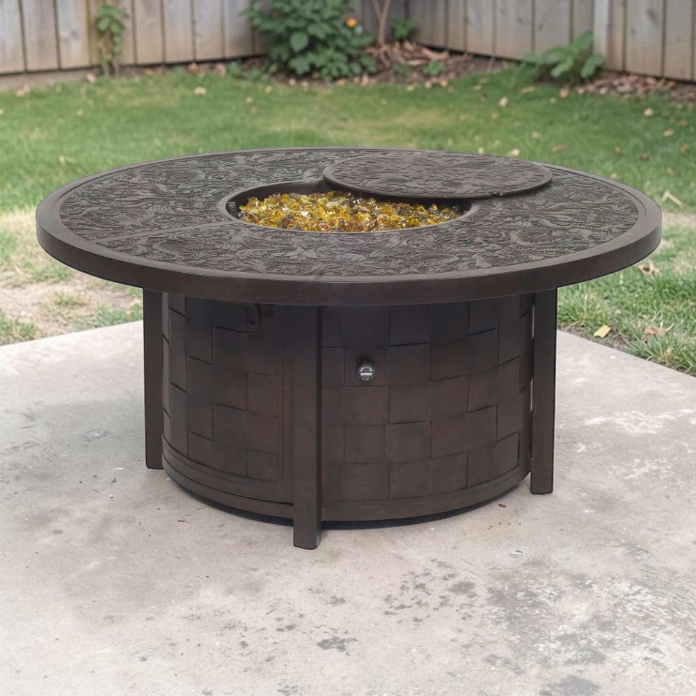 Ornate Cast Aluminum Outdoor Fire Pit Table with Decorative Top, 49-Inch Round Patio Fire Pit