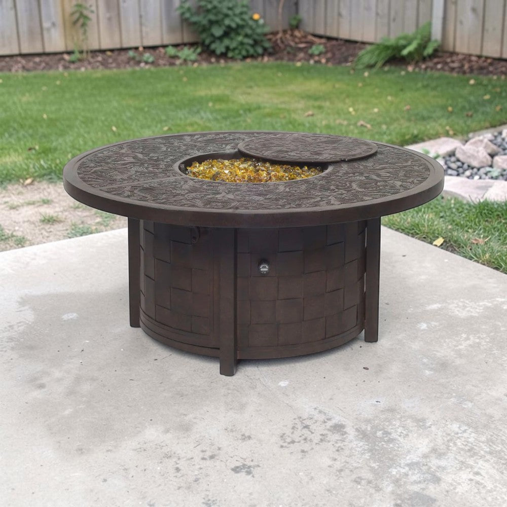 Ornate Cast Aluminum Outdoor Fire Pit Table with Decorative Top, 49-Inch Round Patio Fire Pit