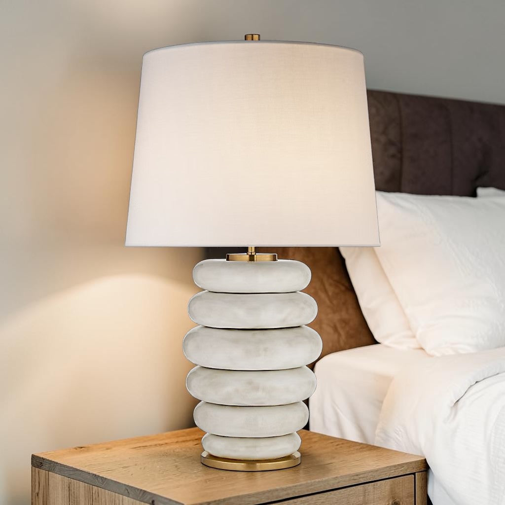 Ceramic Table Lamp, White Textured Base with Fabric Shade, 1 Piece Bedside Lamp