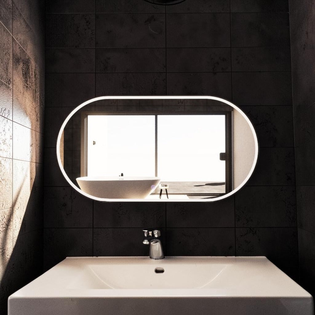 Oval LED Wall Mirror, Matte Black Frame with Dimmable Backlit Lighting