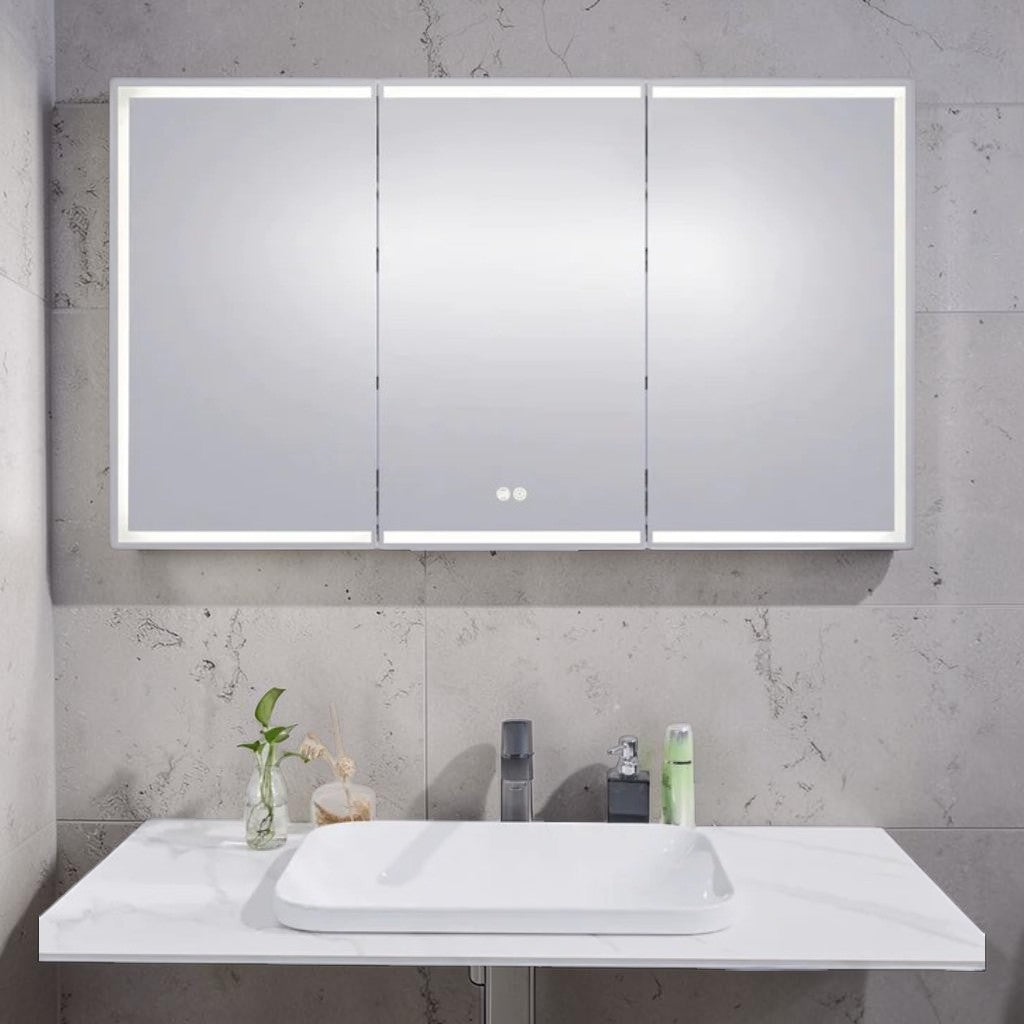 LED Mirror Cabinet, Silver Brushed 3 Door, Bathroom Storage with Dimmable Anti Fog Lighting