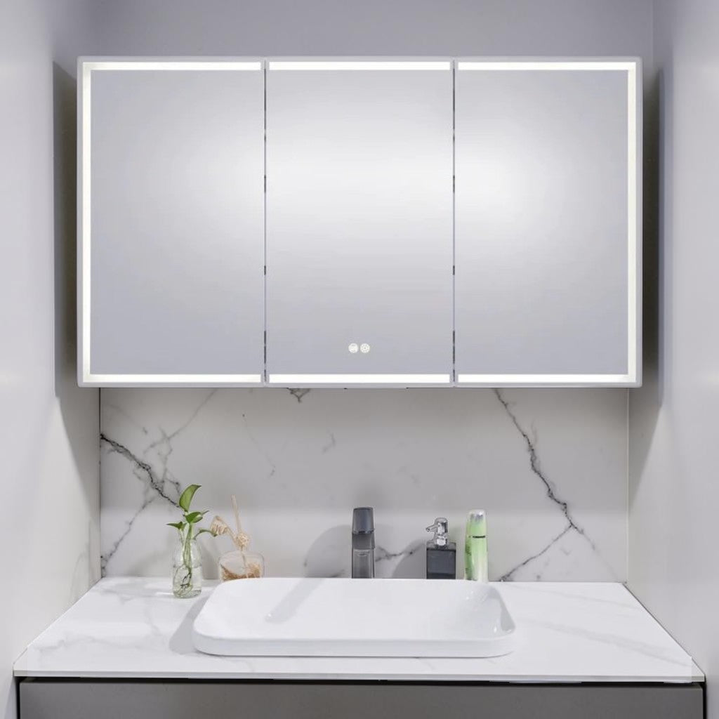 LED Mirror Cabinet, Silver Brushed 3 Door, Bathroom Storage with Dimmable Anti Fog Lighting