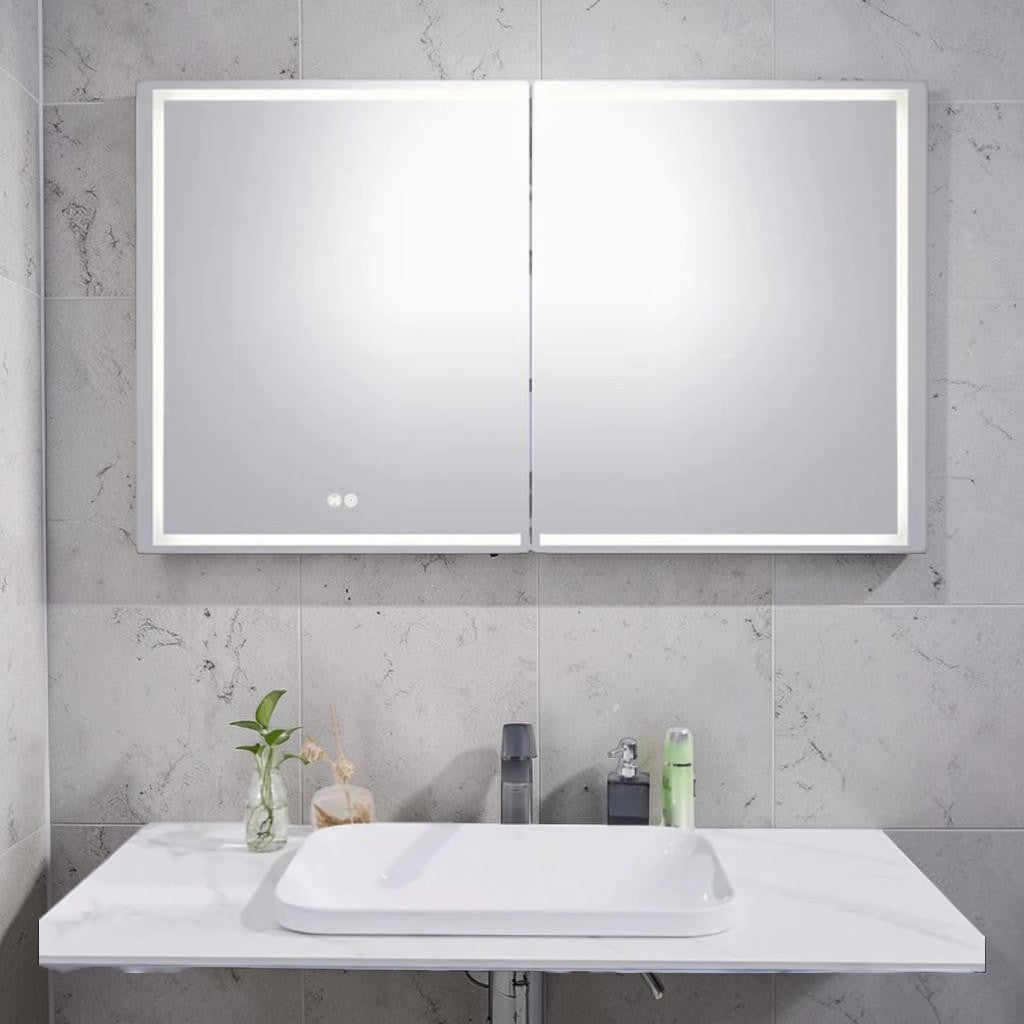 LED Mirror Cabinet, Silver Brushed Double Door, Bathroom Storage with Dimmable Anti-Fog Lighting