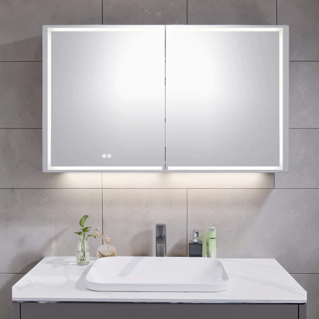 LED Mirror Cabinet, Silver Brushed Double Door, Bathroom Storage with Dimmable Anti-Fog Lighting