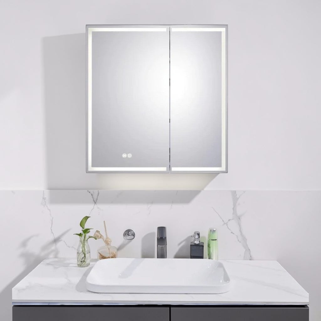LED Mirror Cabinet, Silver Brushed Double Door, Bathroom Storage with Anti-Fog Lighting