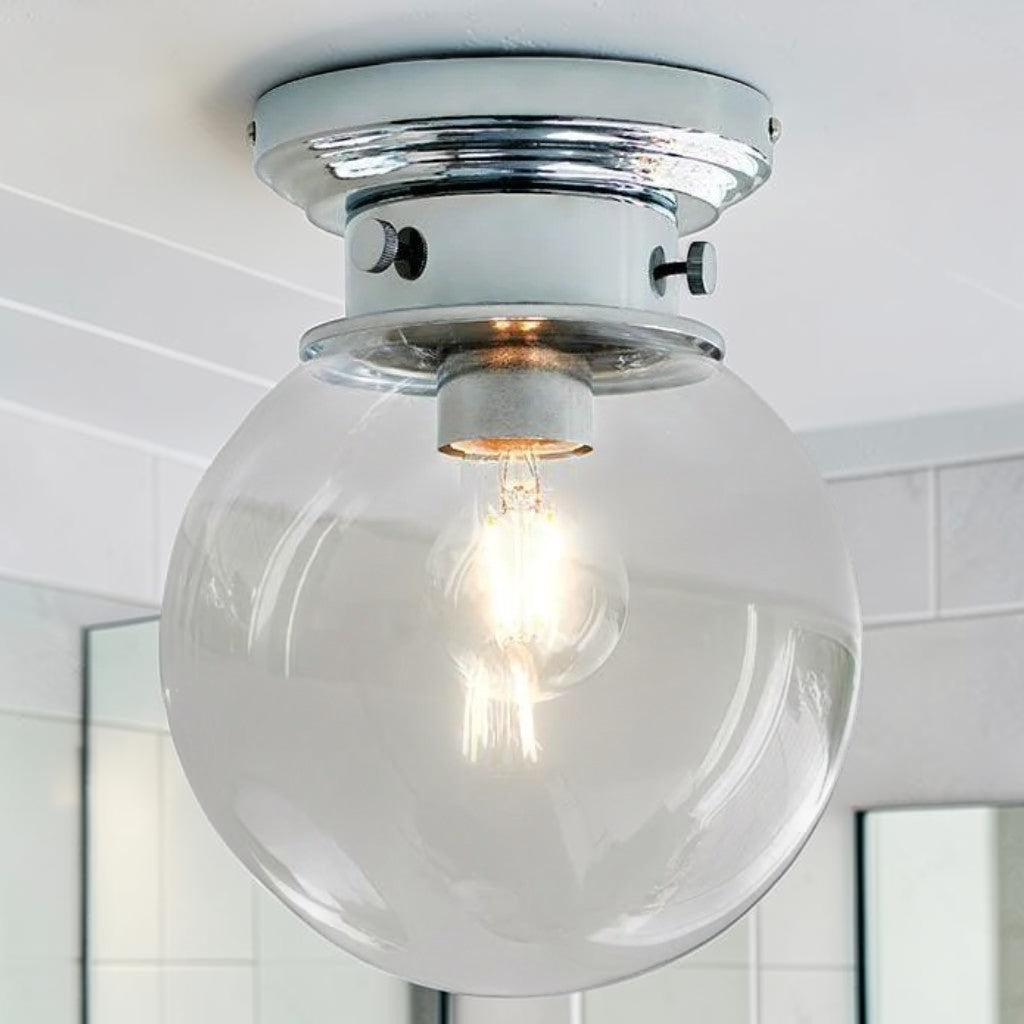 Glass Globe Bathroom Light, Chrome Flush Mount Ceiling Fixture with E26 Socket