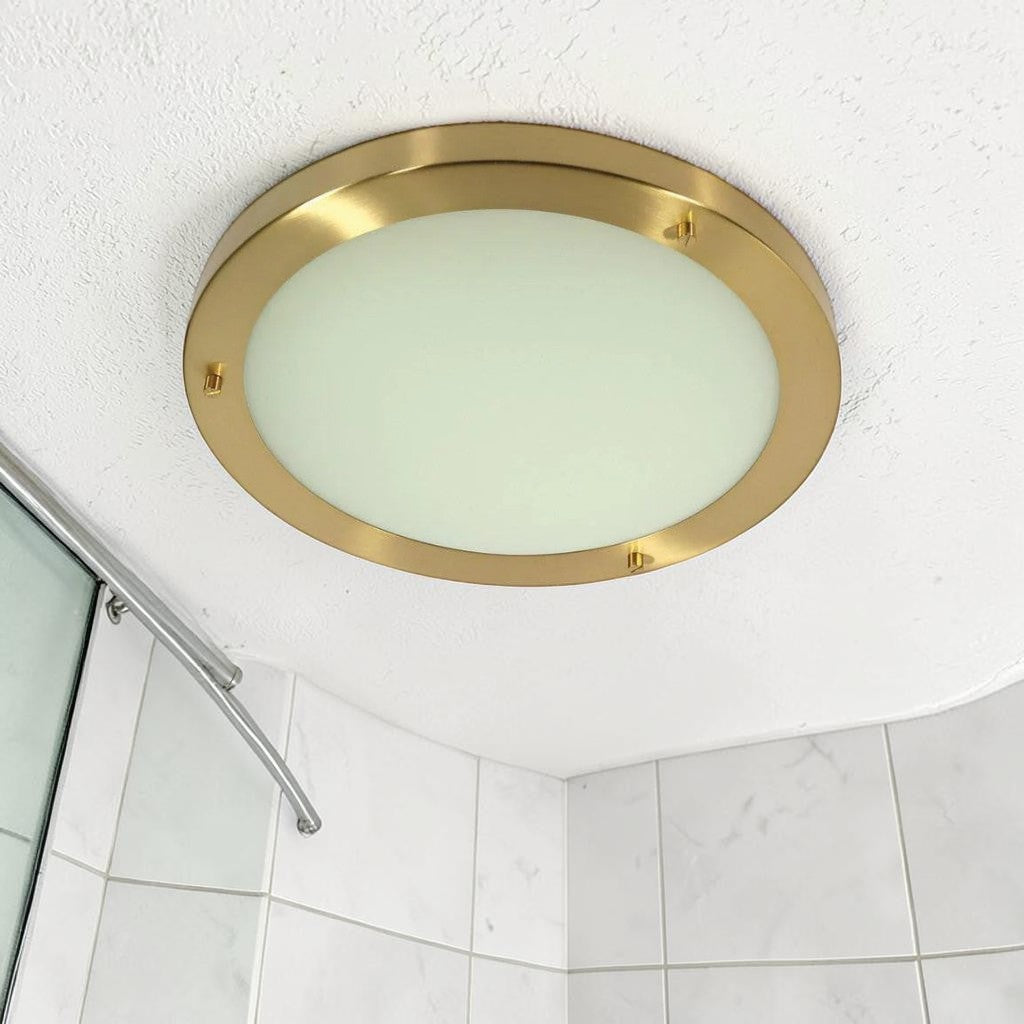 Brass Flush Mount Bathroom Light, Brass Plated Ceiling Fixture with Frosted Glass Shade