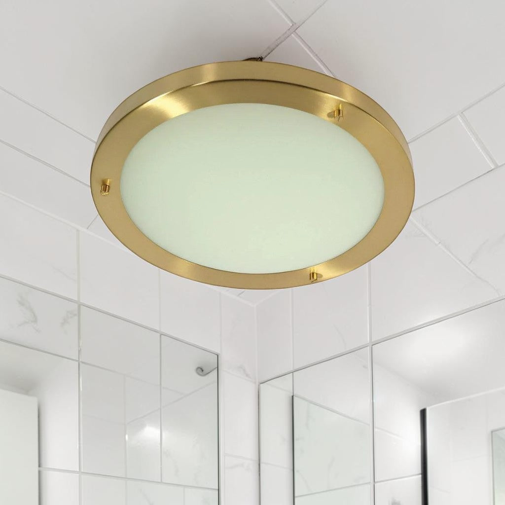 Brass Flush Mount Bathroom Light, Brass Plated Ceiling Fixture with Frosted Glass Shade