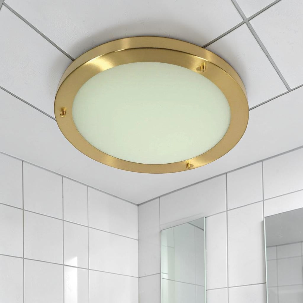 Brass Flush Mount Bathroom Light, Brass Plated Ceiling Fixture with Frosted Glass Shade