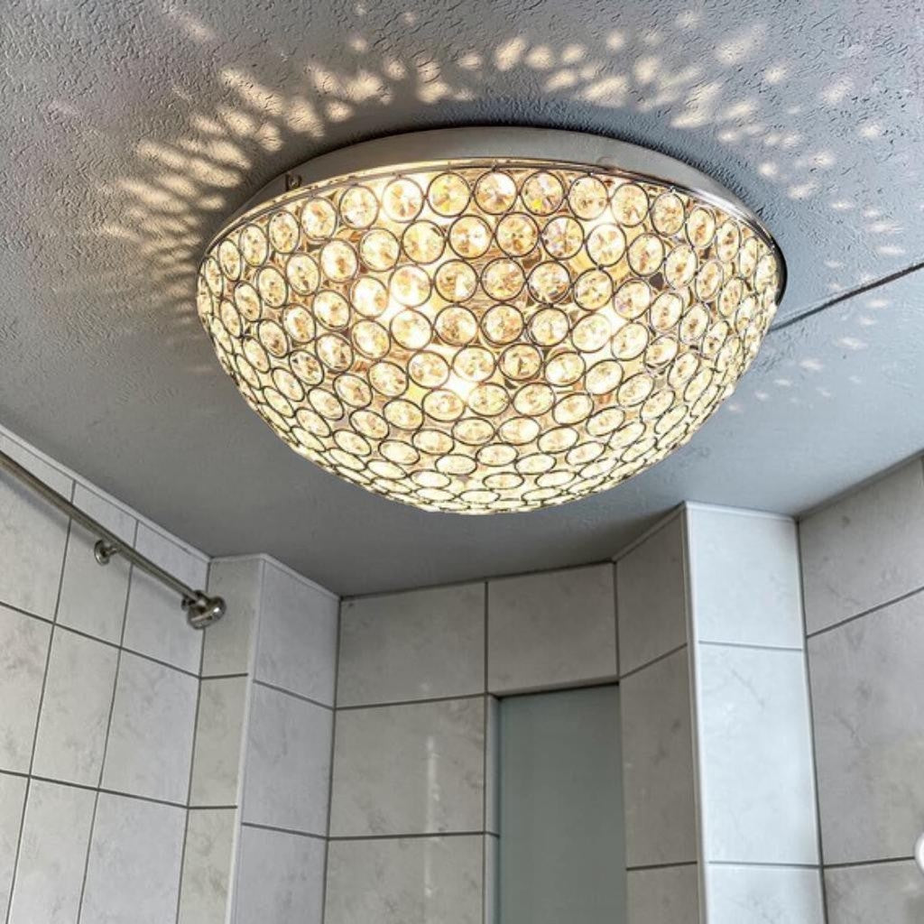 Chrome Flush Mount Bathroom Light, Clear Crystal Ceiling Fixture with G9 Bulbs
