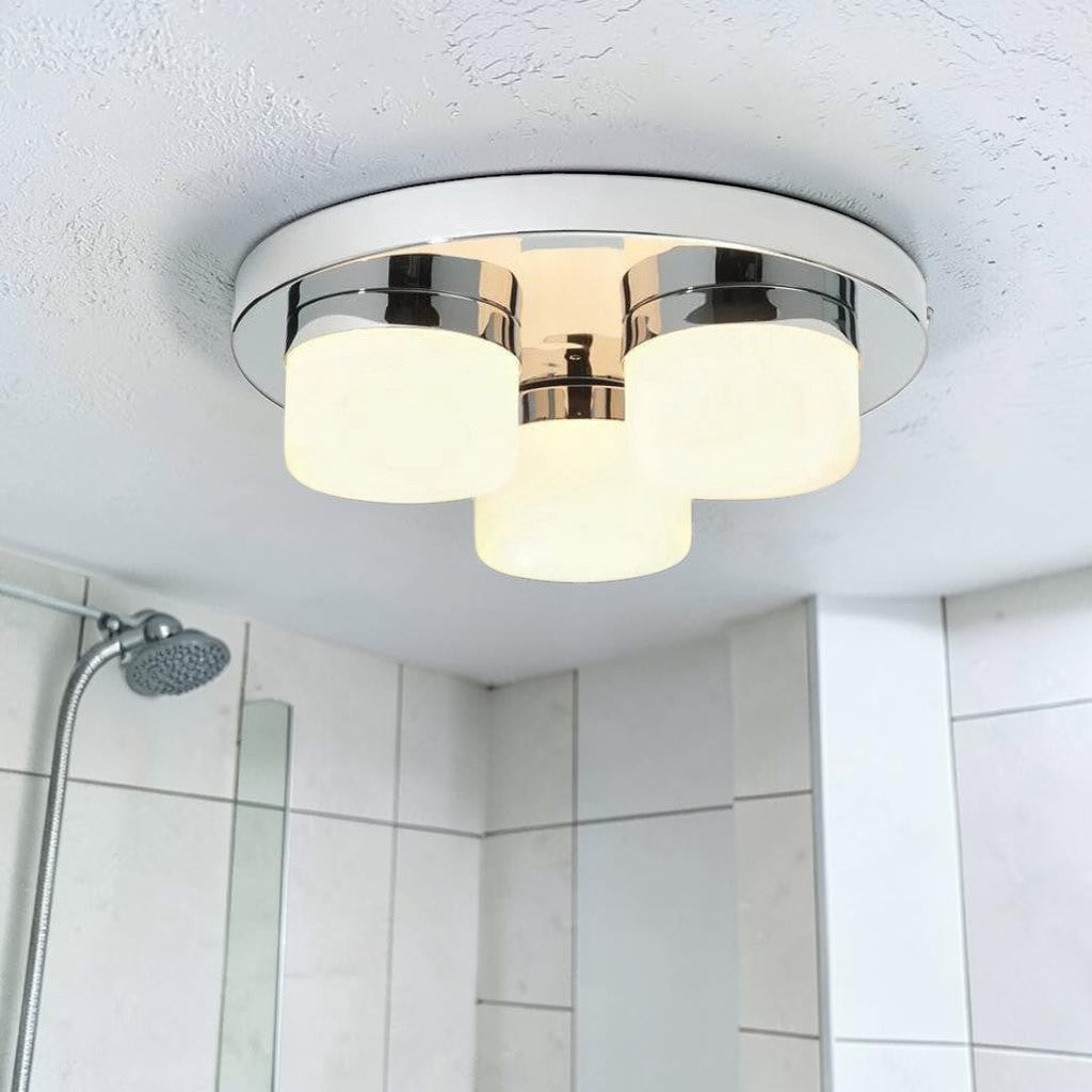 Chrome Flush Mount Bathroom Light, Opal Glass 3 Light Ceiling Fixture with G9 Bulbs