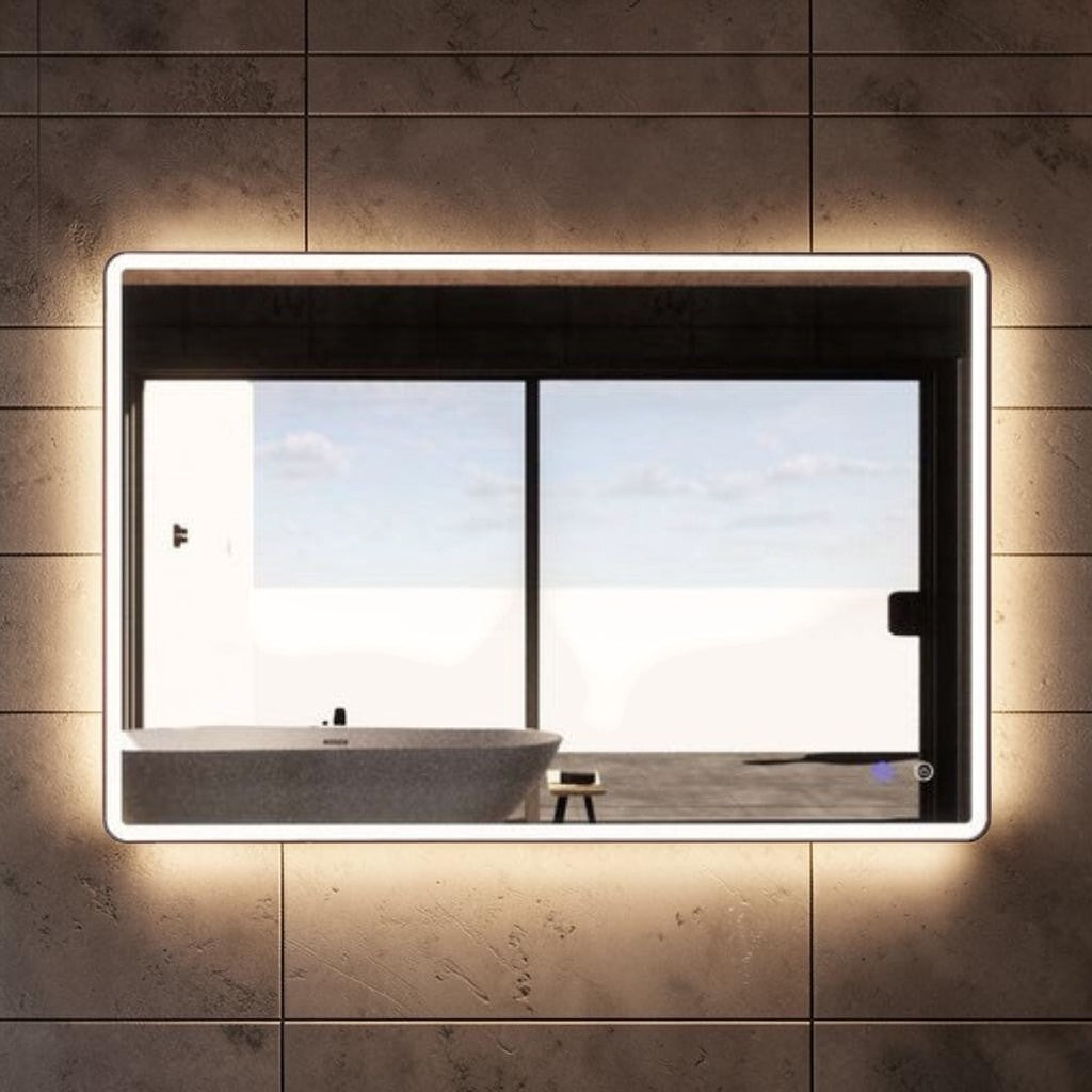 LED Wall Mirror, Gold Trim Rectangular Bathroom Mirror with Dimmable Lighting