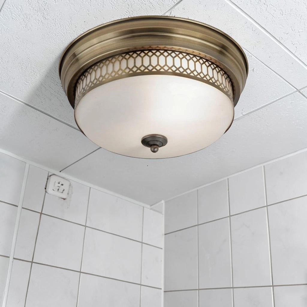 Antique Brass Opal Glass, Flush Mount Bathroom Light, Vintage Ceiling Fixture
