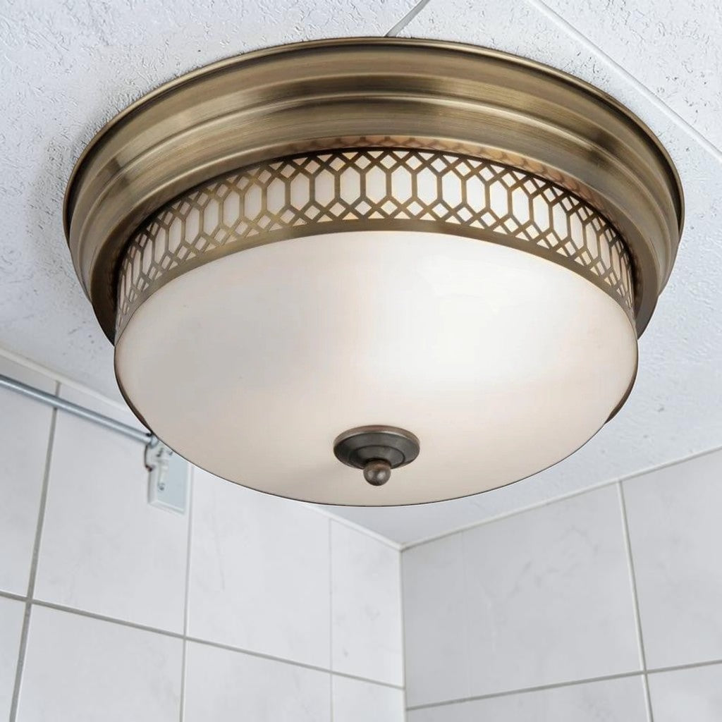 Antique Brass Opal Glass, Flush Mount Bathroom Light, Vintage Ceiling Fixture