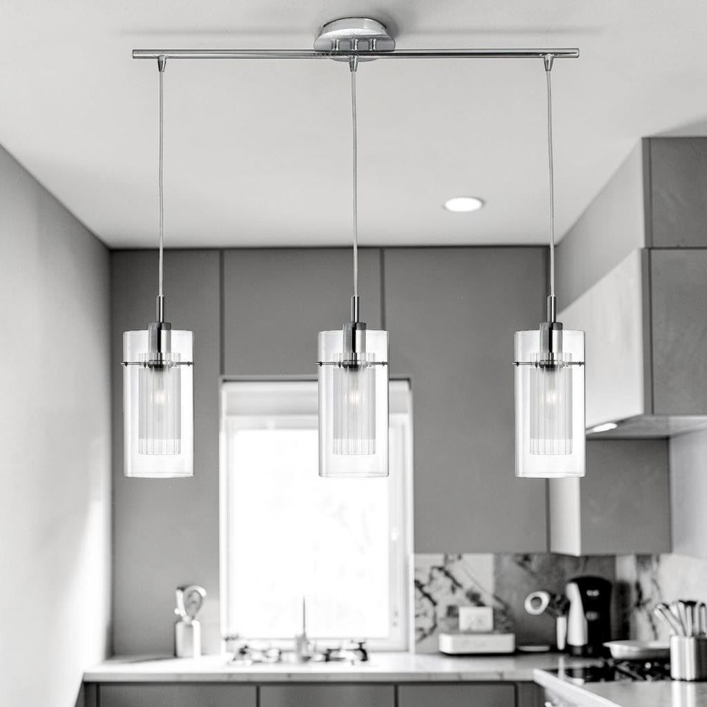 Chrome Triple Glass, Pendant Kitchen Light, Modern Adjustable Island Ceiling Fixture
