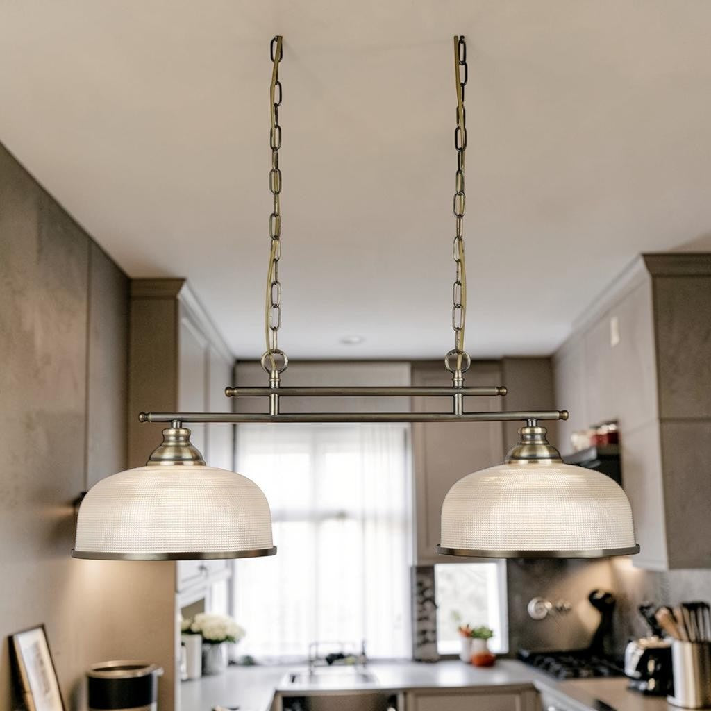 2 Light Brushed Brass Kitchen Light with Holophane Glass Shades, Island Pendant Fixture