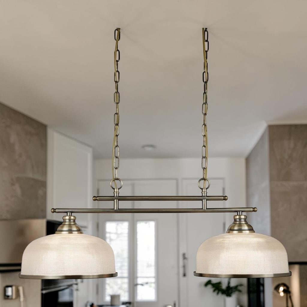 2 Light Brushed Brass Kitchen Light with Holophane Glass Shades, Island Pendant Fixture