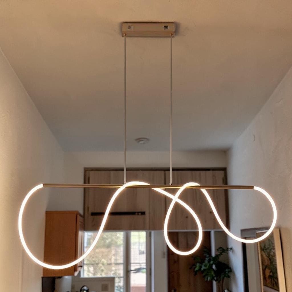 Satin Gold LED Kitchen Light, Modern Curved Bar Pendant, Linear Hanging Fixture
