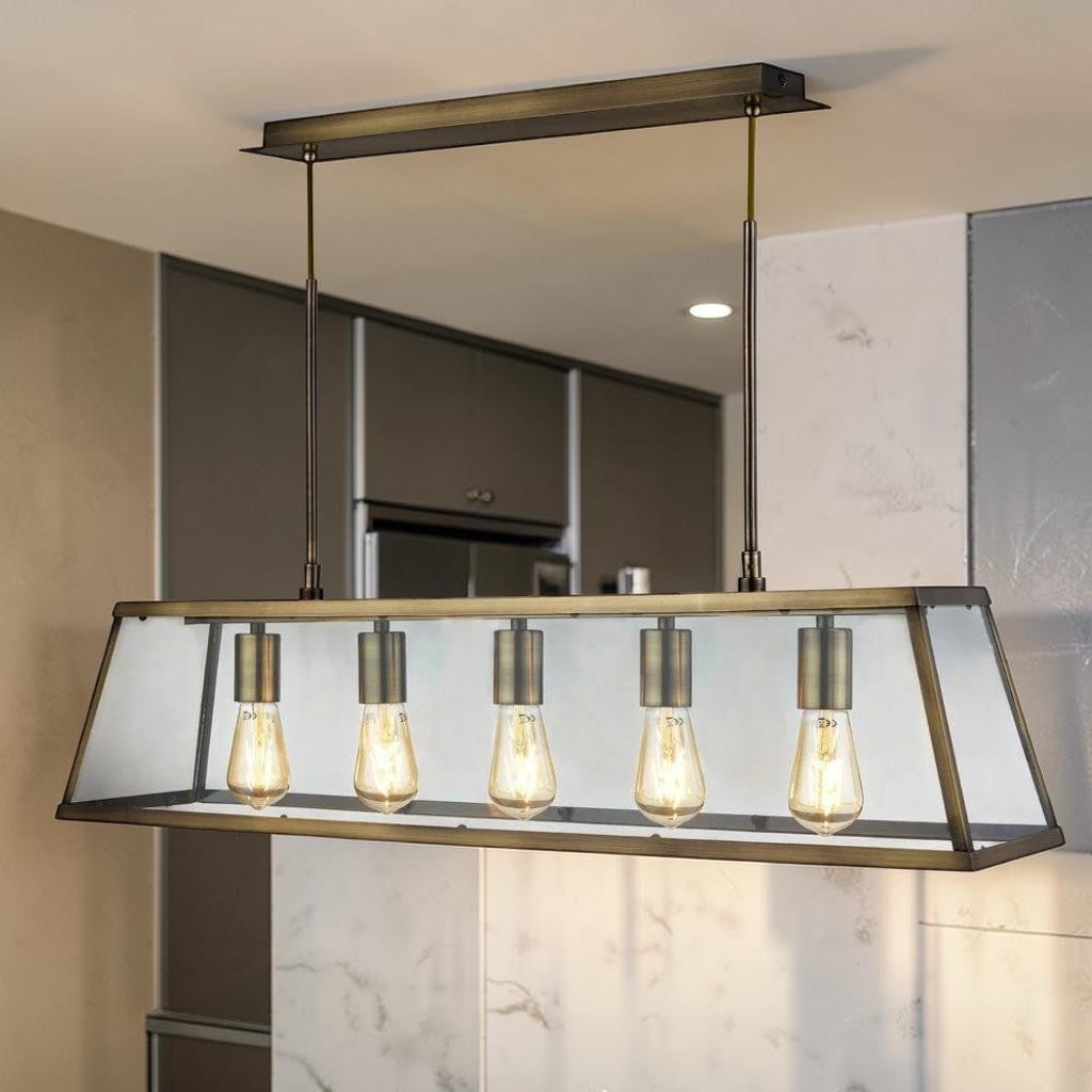Brass Glass 5 Light Kitchen Light, Adjustable Linear Pendant, Farmhouse Island Fixture