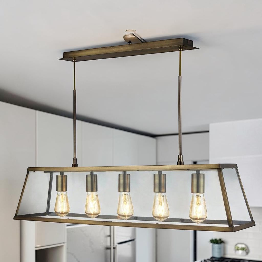 Brass Glass 5 Light Kitchen Light, Adjustable Linear Pendant, Farmhouse Island Fixture