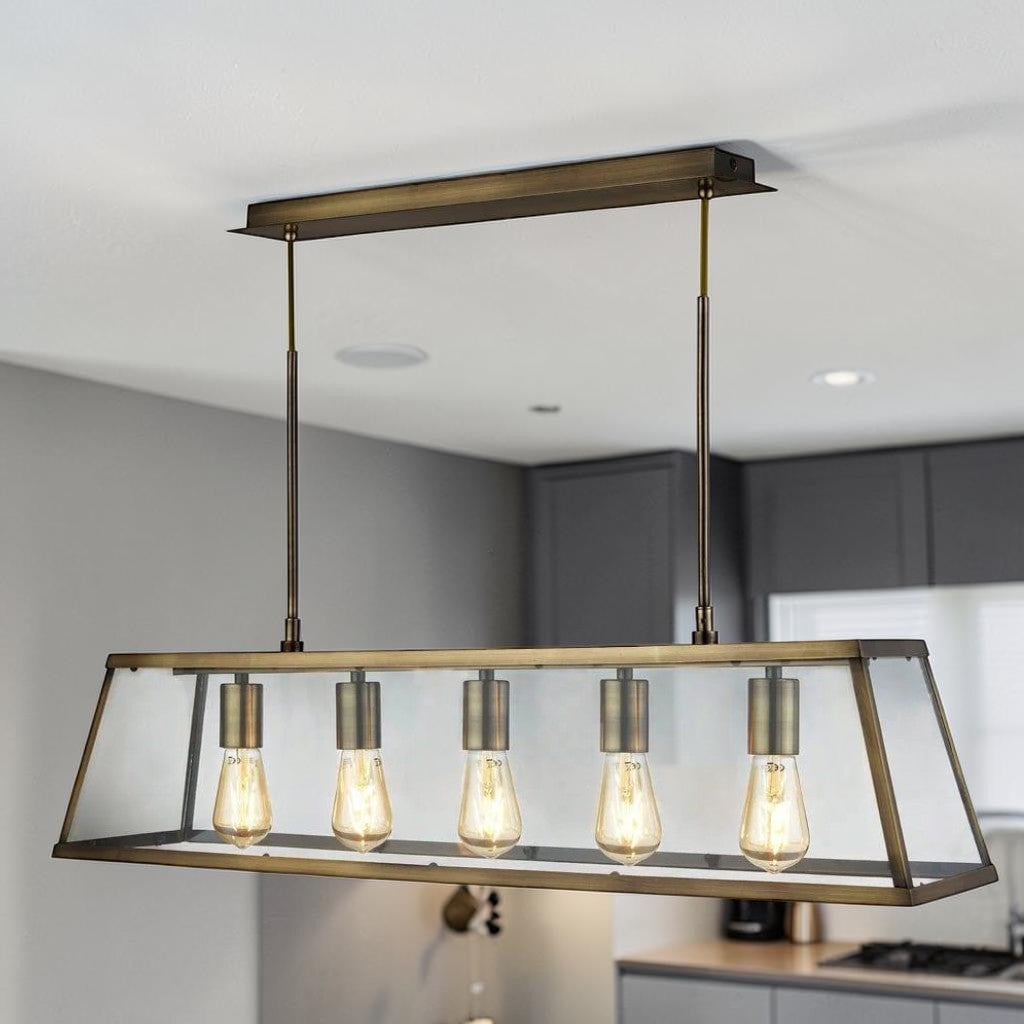 Brass Glass 5 Light Kitchen Light, Adjustable Linear Pendant, Farmhouse Island Fixture