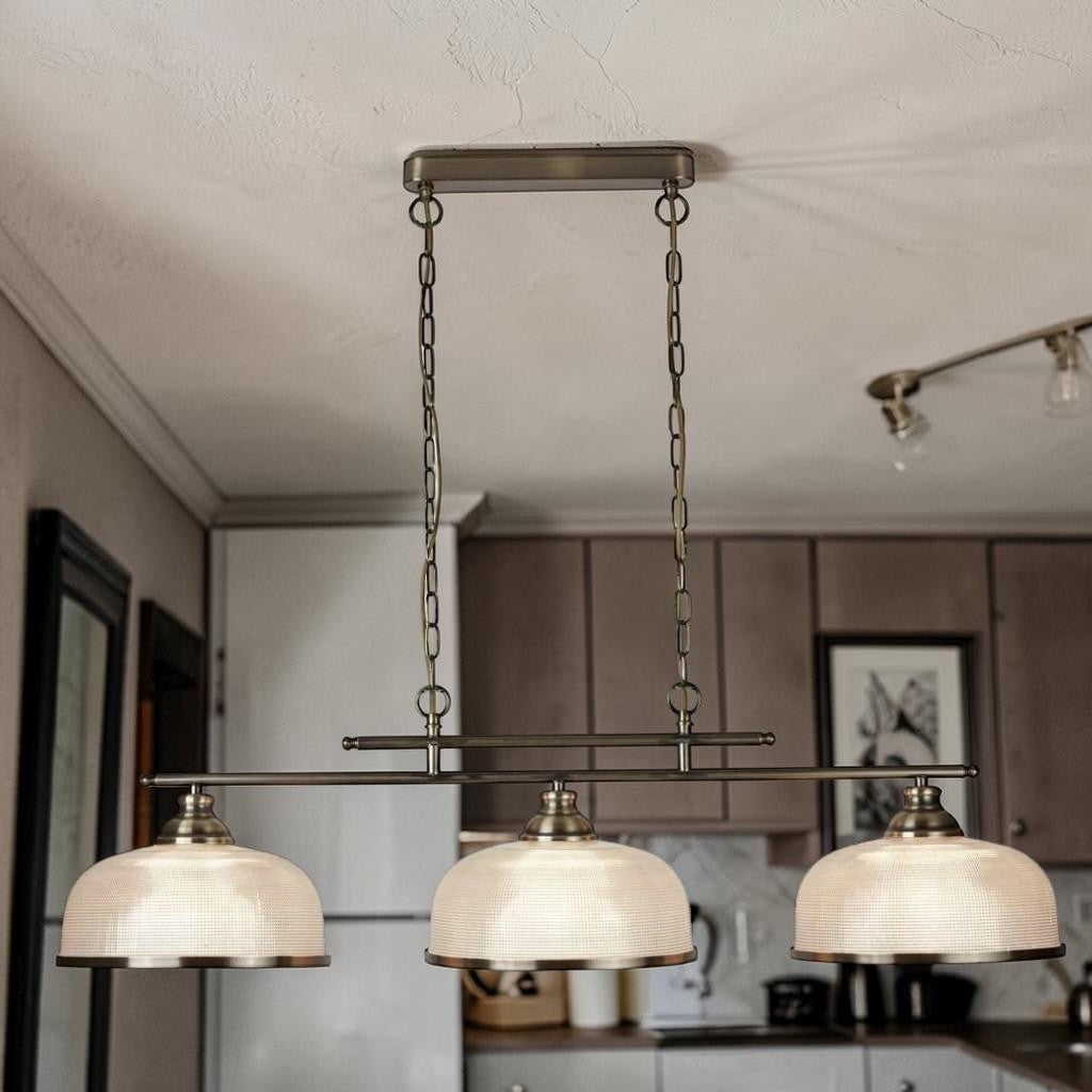 Brass Glass 3 Light Kitchen Light, Adjustable Bar Pendant, Vintage Island Fixture
