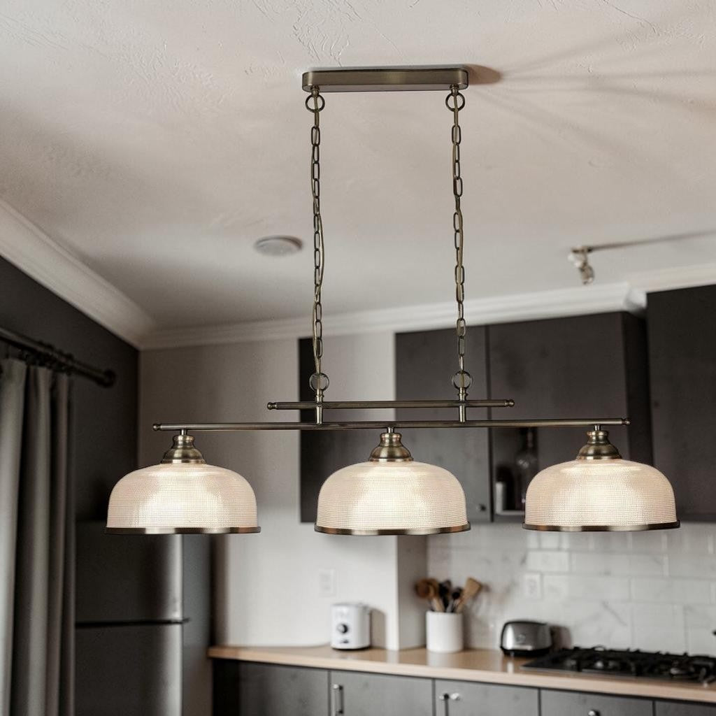 Brass Glass 3 Light Kitchen Light, Adjustable Bar Pendant, Vintage Island Fixture