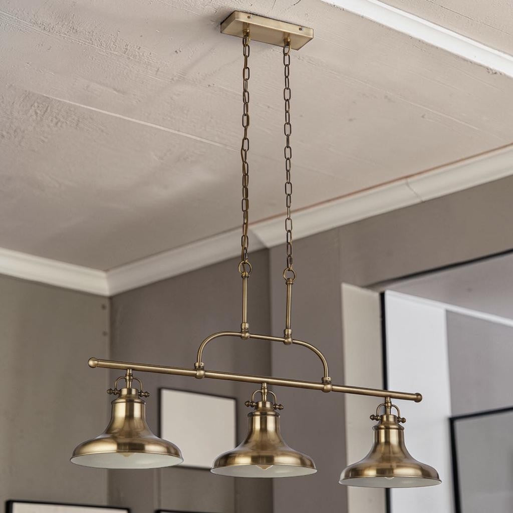 Antique Brass 3 Light Kitchen Light, Adjustable Bar Pendant, Industrial Farmhouse Fixture