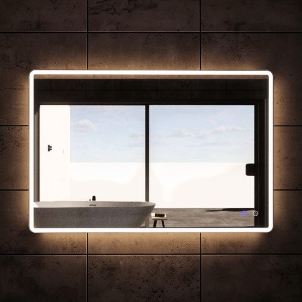 LED Wall Mirror, Gold Trim Rectangular Bathroom Mirror with Dimmable Lighting