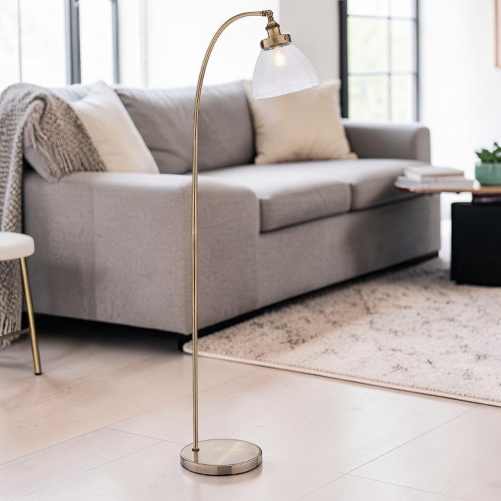 Antique Brass Floor Lamp with Clear Glass Shade, 1-Light Living Room Lighting
