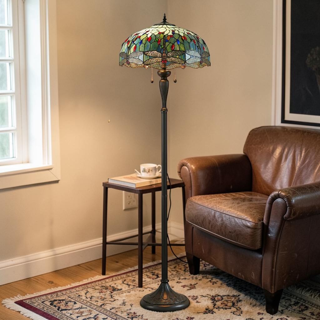 Dragonfly Tiffany Floor Lamp, Multicolor Stained Glass Shade, 2-Light Living Room Lighting