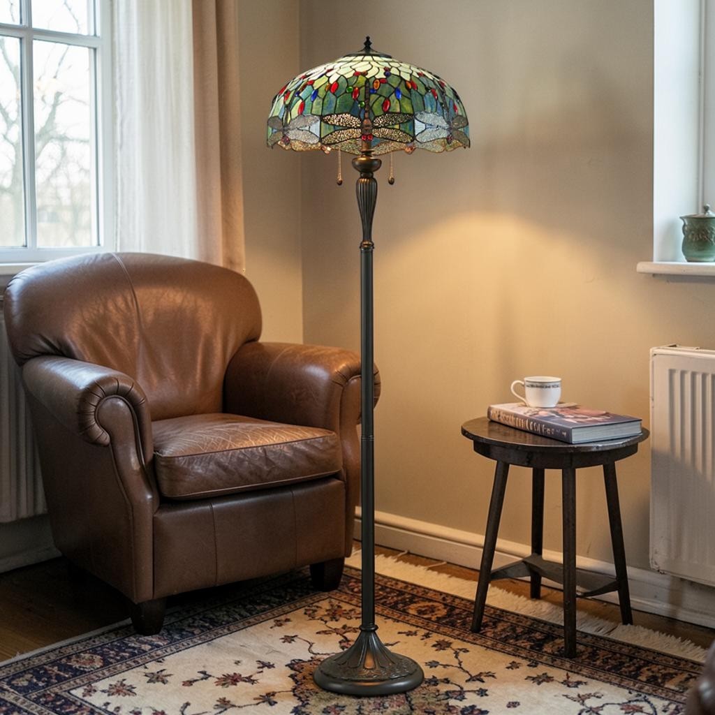 Dragonfly Tiffany Floor Lamp, Multicolor Stained Glass Shade, 2-Light Living Room Lighting