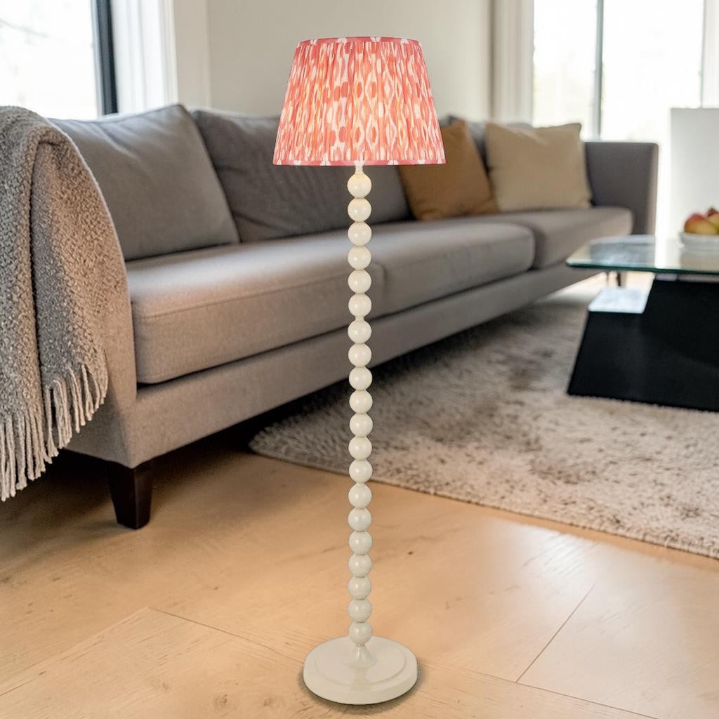 White Beaded Floor Lamp with Coral Pattern Fabric Shade, 1-Light Living Room Lighting