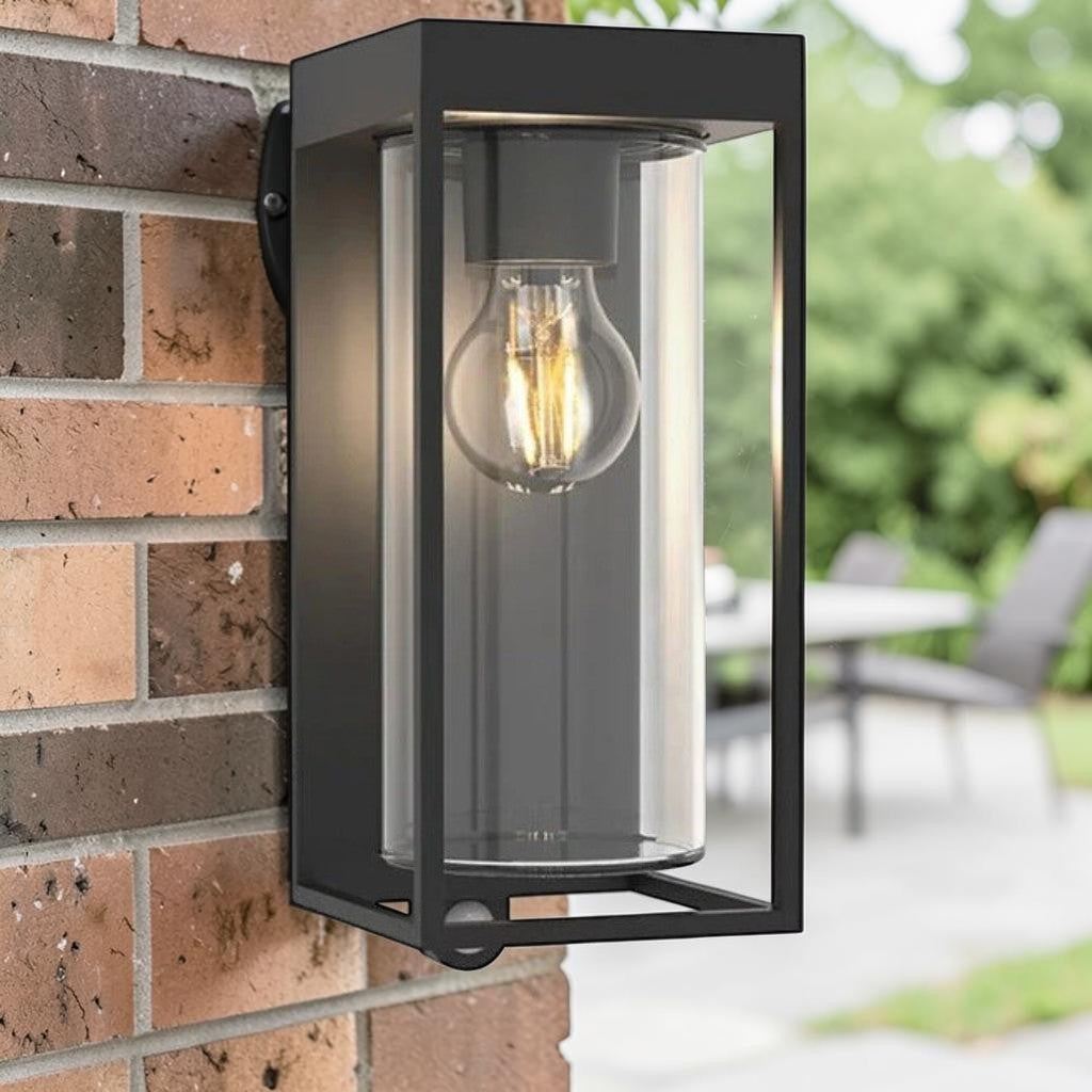 Black Solar Glass Wall Lantern with Motion Sensor, 1-Light Outdoor Lighting