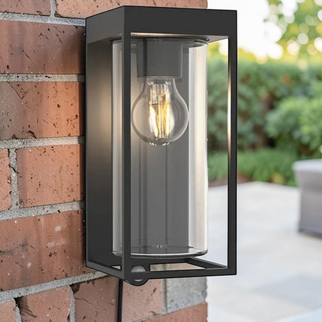 Black Solar Glass Wall Lantern with Motion Sensor, 1-Light Outdoor Lighting