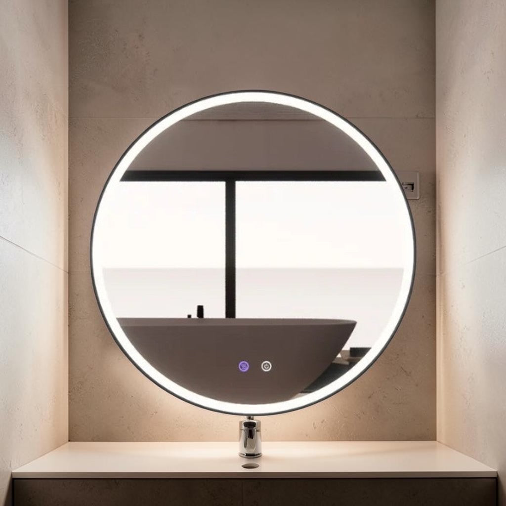 Round LED Wall Mirror, Matte Black Frame with Dimmable Backlit Lighting