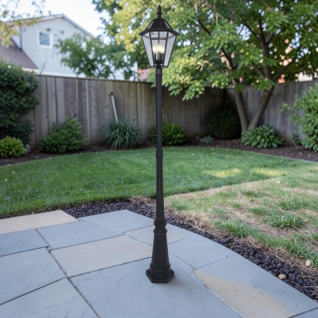 Black Solar LED Lantern Post Light with Glass Panels, 1-Light Outdoor Lighting