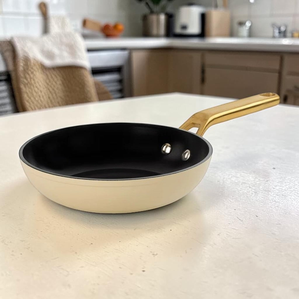 Beige Ceramic Nonstick Frying Pan, 8-Inch with Gold Handle, Frying Pan